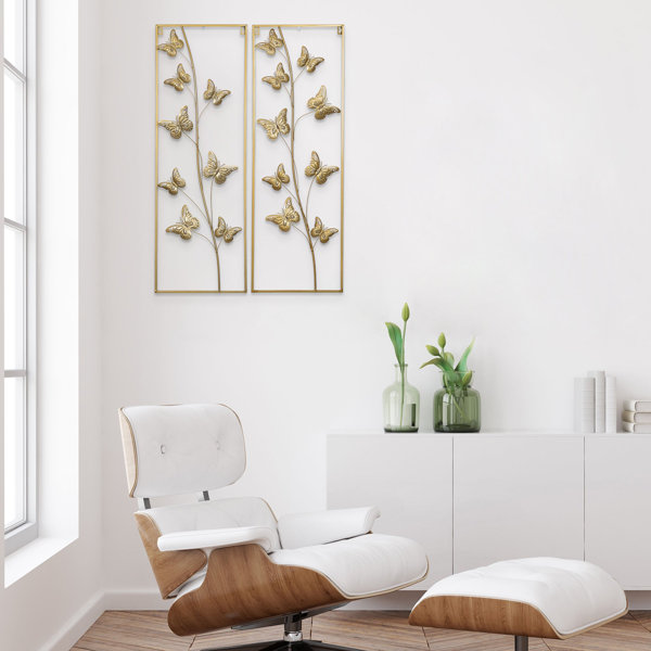 August Grove® 2Piece Golden Butterflies Metal Wall Art Decor Set